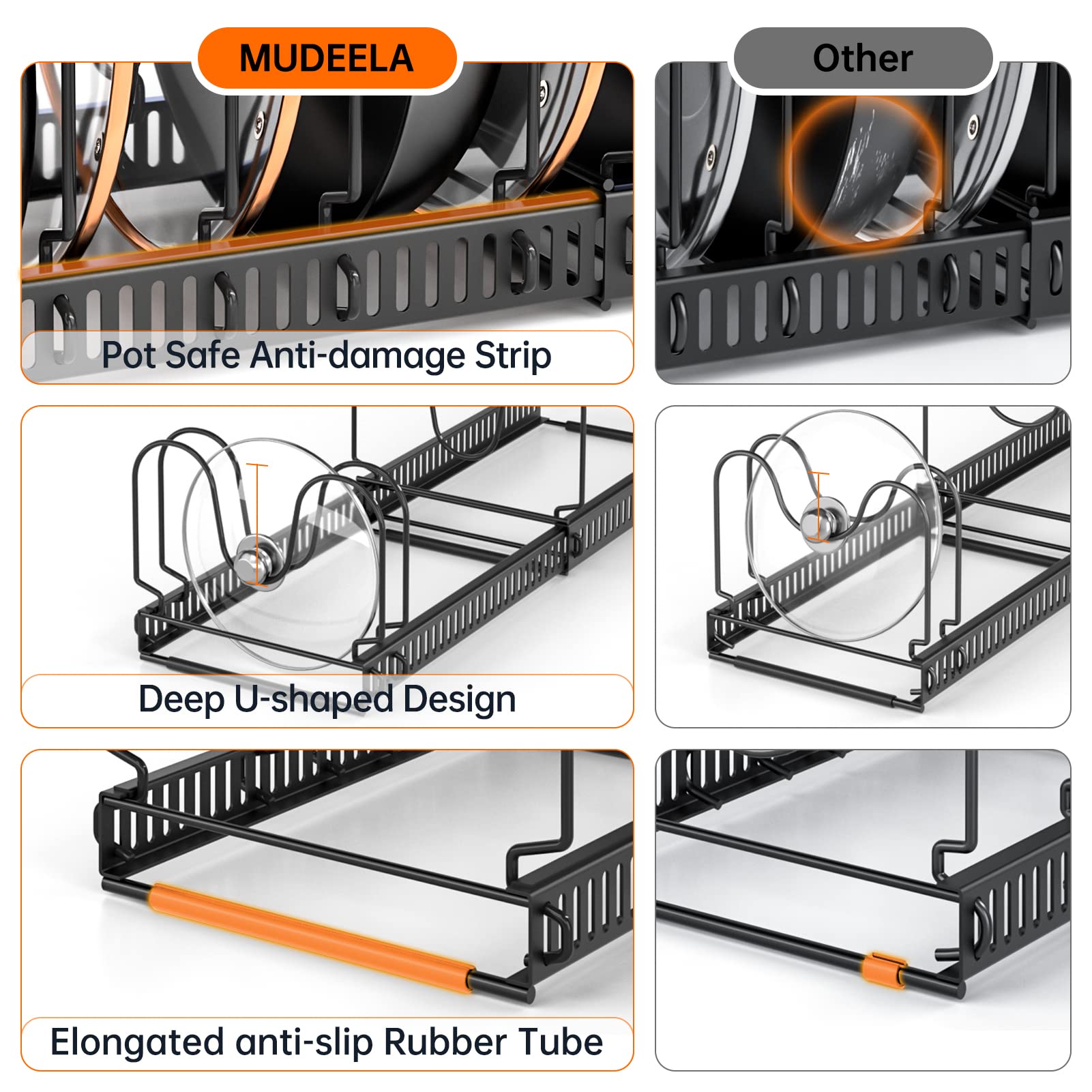 MUDEELA Pots and Pans Organizer Rack for Under Cabinet, Expandable 11.71''-22.85'' Pot Lid Kitchen Cabinet Organizer Holder with 10 Adjustable Compartment Cutting Board Organizer for Pan Lid, Bakeware