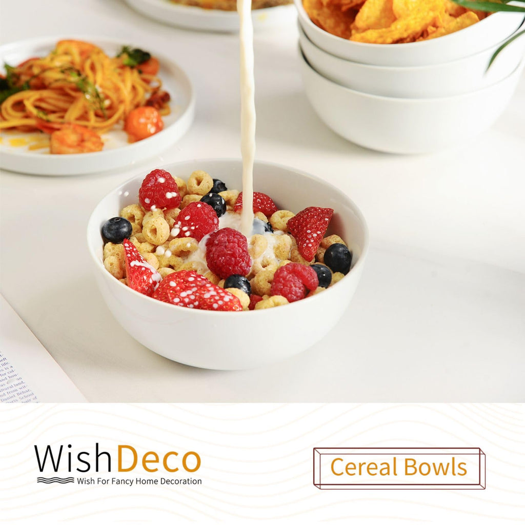 WishDeco Cereal Bowls Set of 4, Ceramic Soup Bowls 20 oz / 600 ml, Breakfast Bowls 6 inch / 15 cm, White Bowls for Dessert, Oatmeal, Pasta, Noodle, Salad, Rice