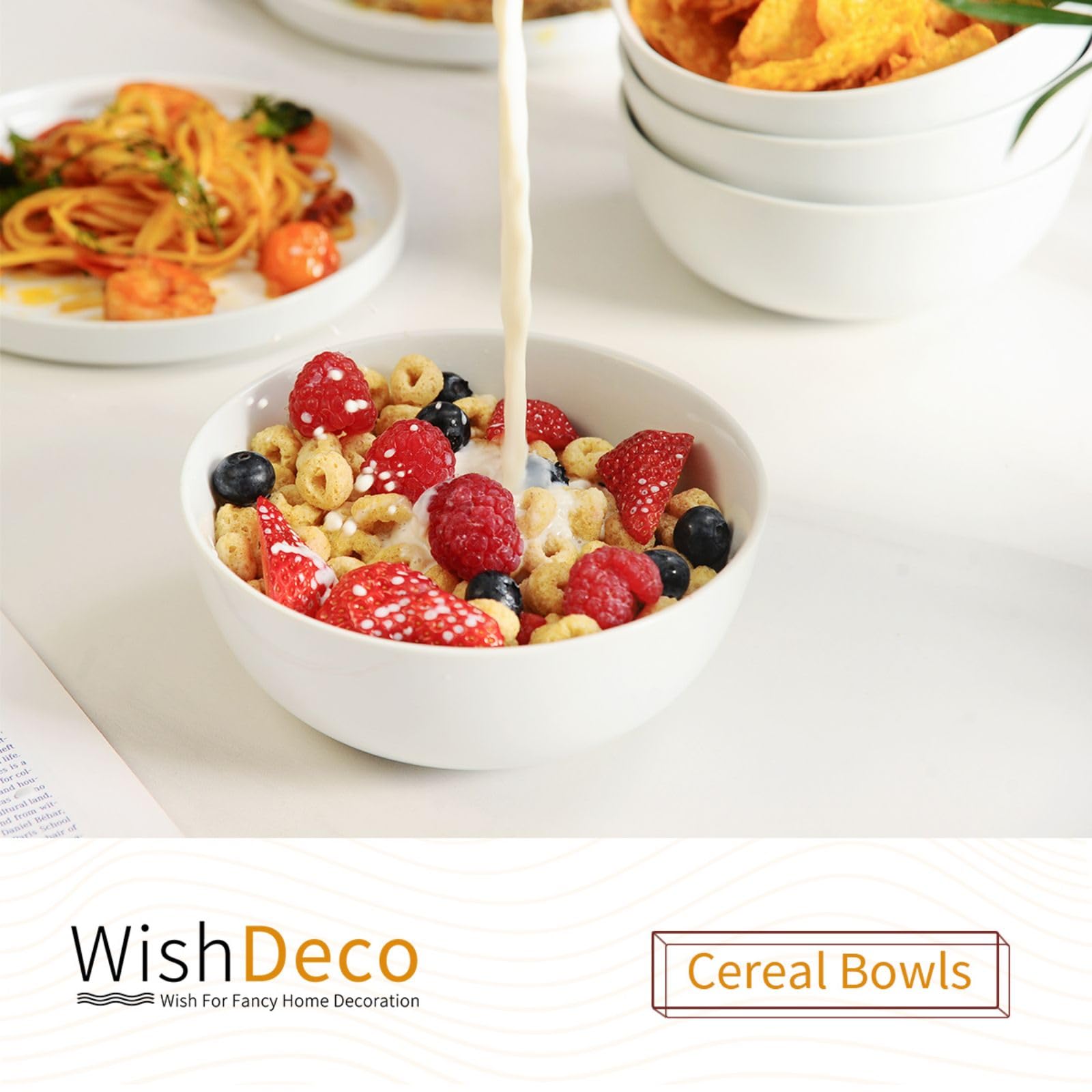WishDeco Cereal Bowls Set of 4, Ceramic Soup Bowls 20 oz / 600 ml, Breakfast Bowls 6 inch / 15 cm, White Bowls for Dessert, Oatmeal, Pasta, Noodle, Salad, Rice