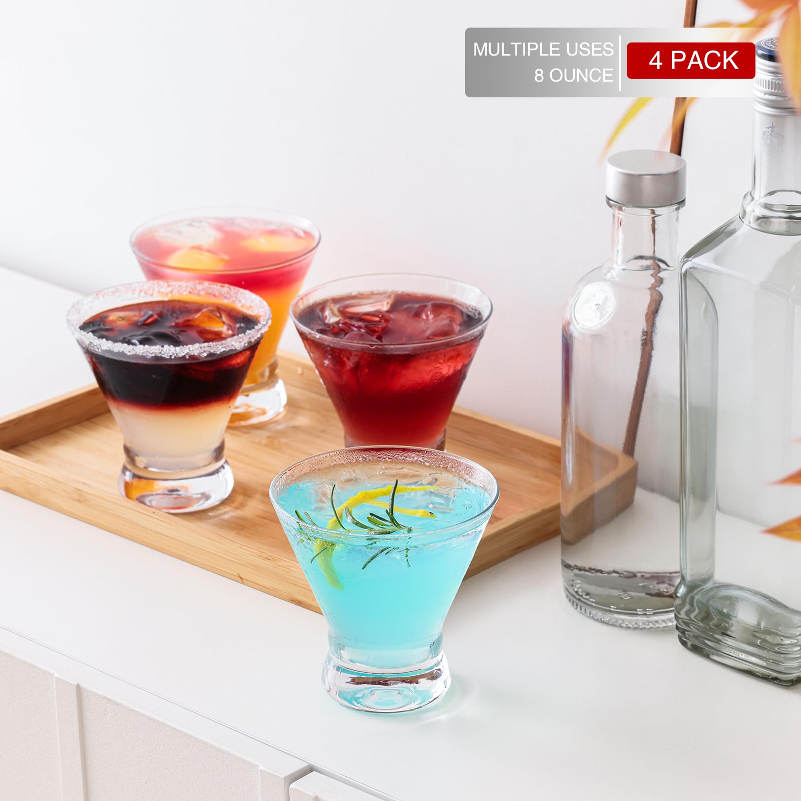 Martini Glasses Set of 4, 8oz Stemless Martini Cocktail Glasses for Margarita, Cosmopolitan, Manhattan, Home Bar, Gimlet, Pisco Sour, Brandy, Crystal Clear