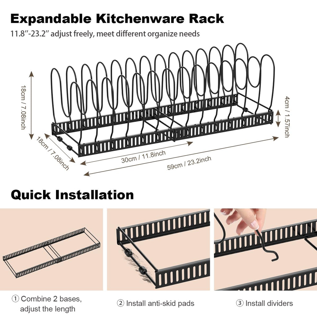 Housolution Pot and Pan Organizer Rack for Cabinet, Expandable Pot Lid Organizer with 14 Adjustable Dividers, Pan Holder Storage Rack for Kitchen Cabinet, Black