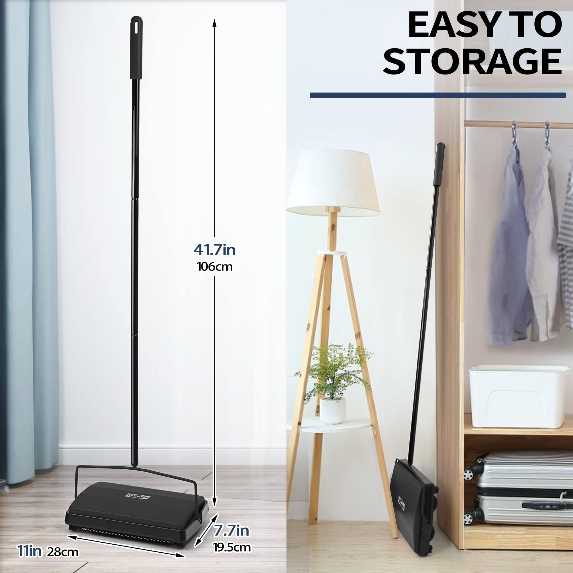 JEHONN Carpet Floor Sweeper Manual with Horsehair, Non Electric Quite Rug Roller Brush Push for Cleaning Pet Hair, Loose Debris, Lint (Black)
