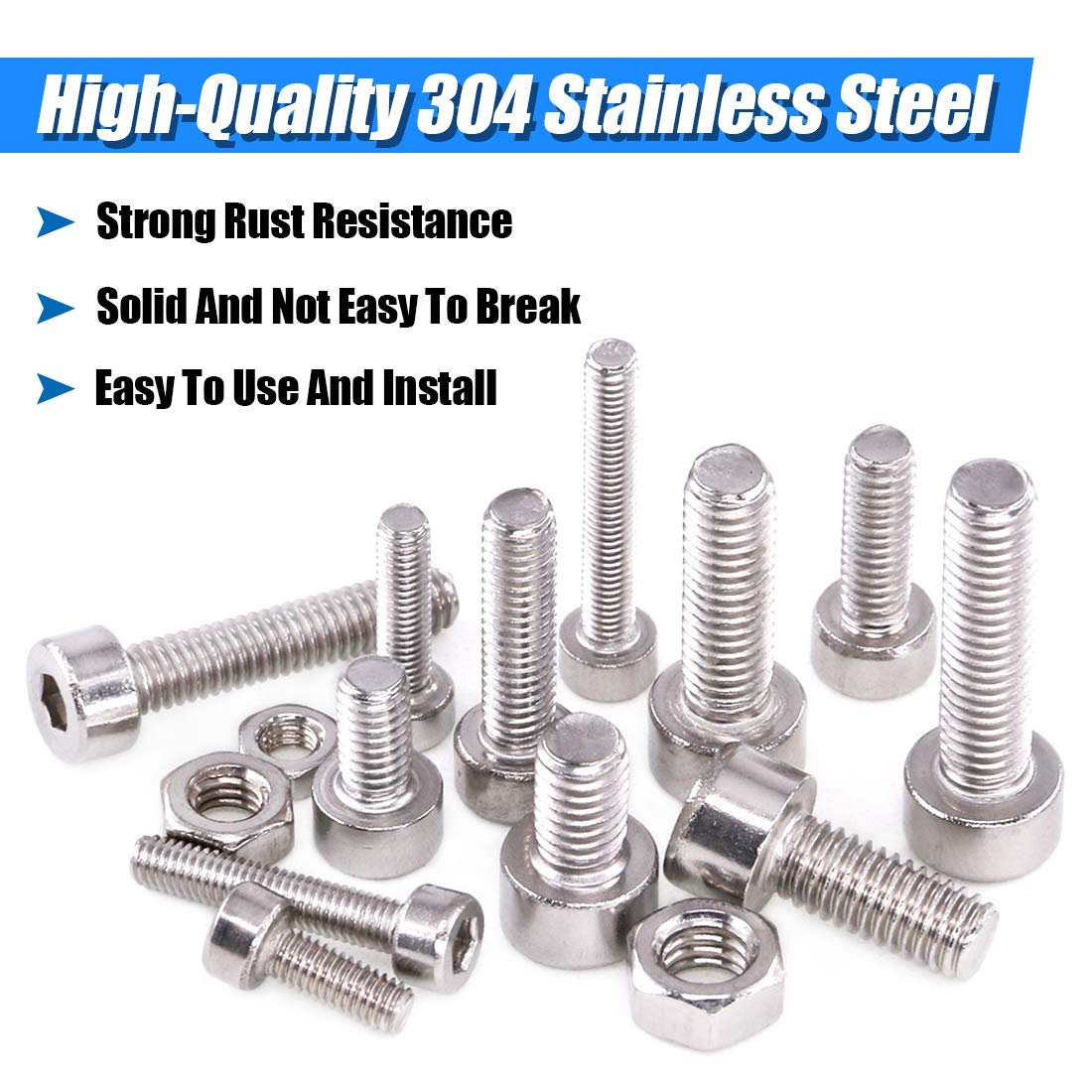 Glarks 510Pcs M3 M4 M5 304 Stainless Steel Hex Socket Head Cap Screws With Nuts Assortment Kit