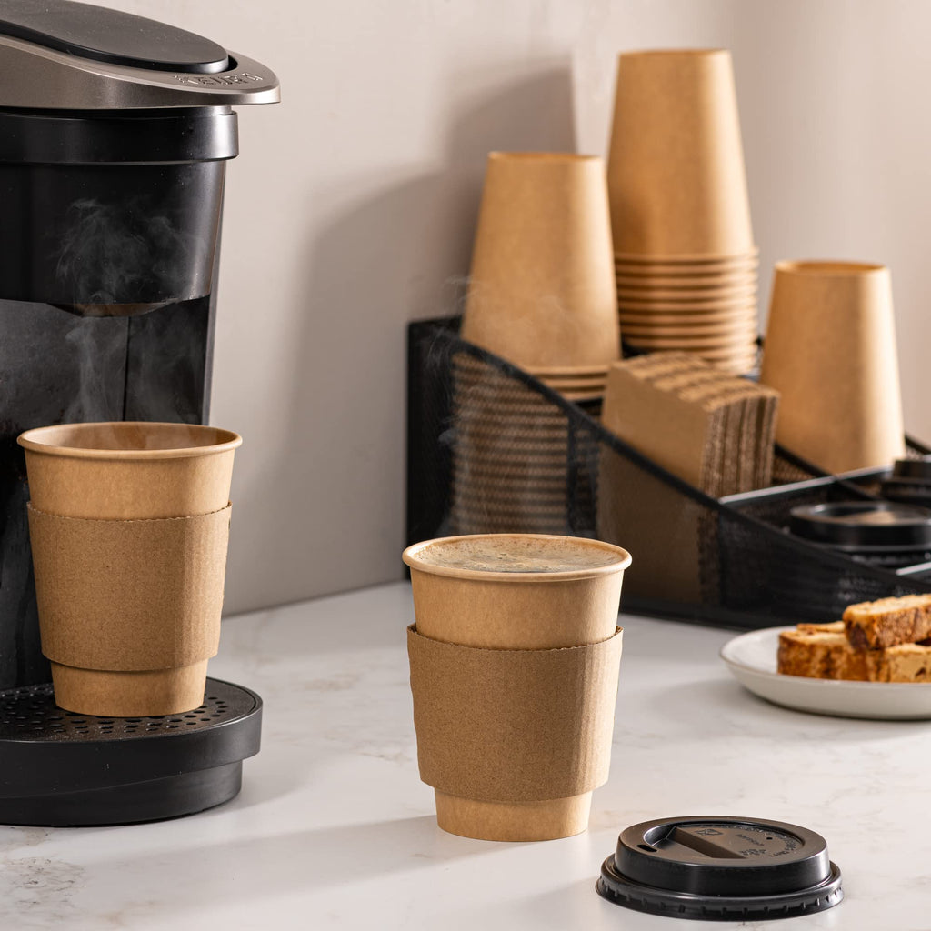 GUSTO [12 oz. - 50 Sets] Disposable Kraft Coffee Cups with Black Lids, Sleeves - to Go Paper Hot Cups (Formerly Comfy Package)