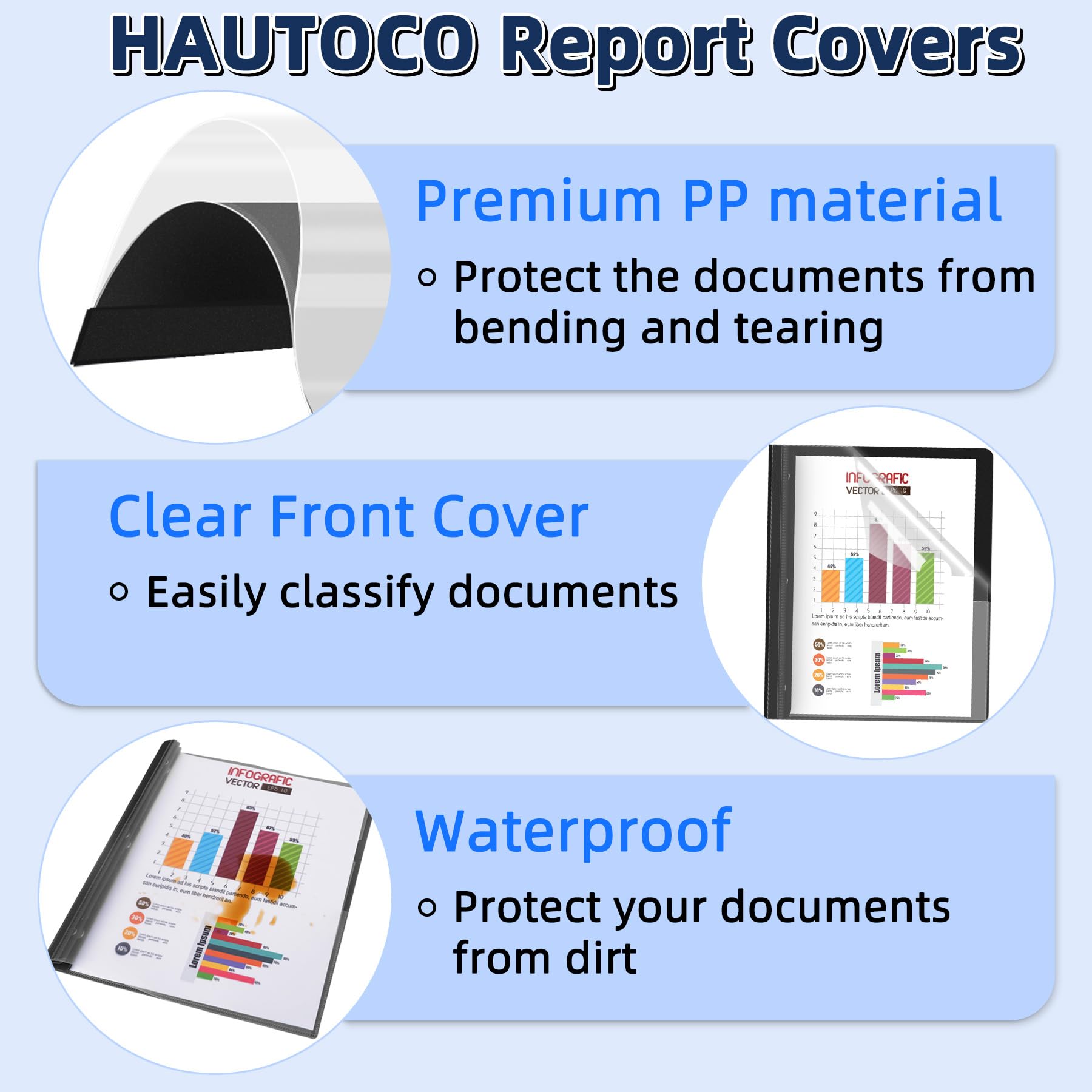 HAUTOCO 30 Pack Plastic Report Covers with 3 Prongs Fasteners Clear Front Resume Portfolio Folder for 8.5x11 Letter Size Paper, Presentation Document Report Cover for School Office Business, Black