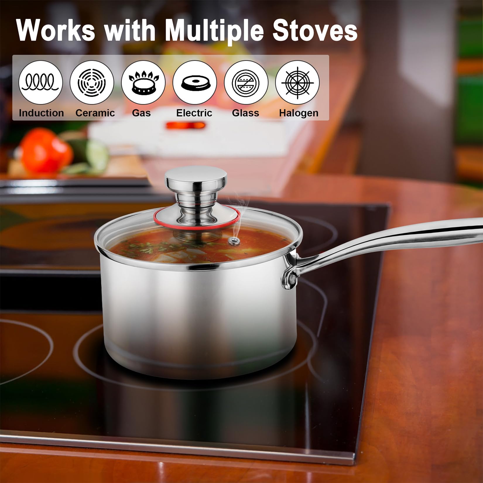 3 Quart Tri-Ply Stockpot and Saucepan, P&P CHEF Stainless Steel Sauce Pan with Lid, Cooking Induction Pot, Kitchen Cookware for All Stoves, Non-Toxic, Durable & Dishwasher Safe