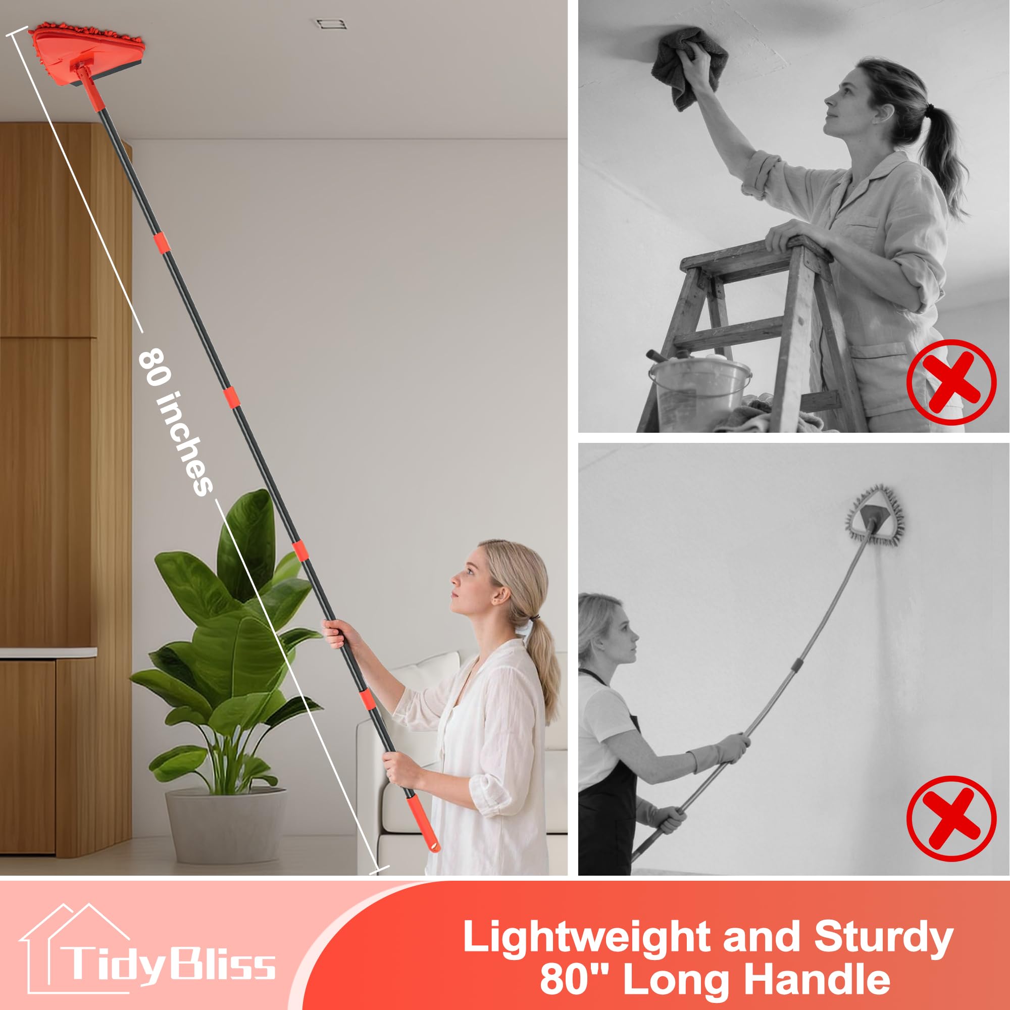 TidyBliss Wall Cleaning Mop with Long Handle 80”, Ceiling Duster Scrubber with 360° Swivel Collapsible Head, Baseboard Cleaner Tool with 3 Chenille and 3 Microfiber Pads for Windows Floor (Red)