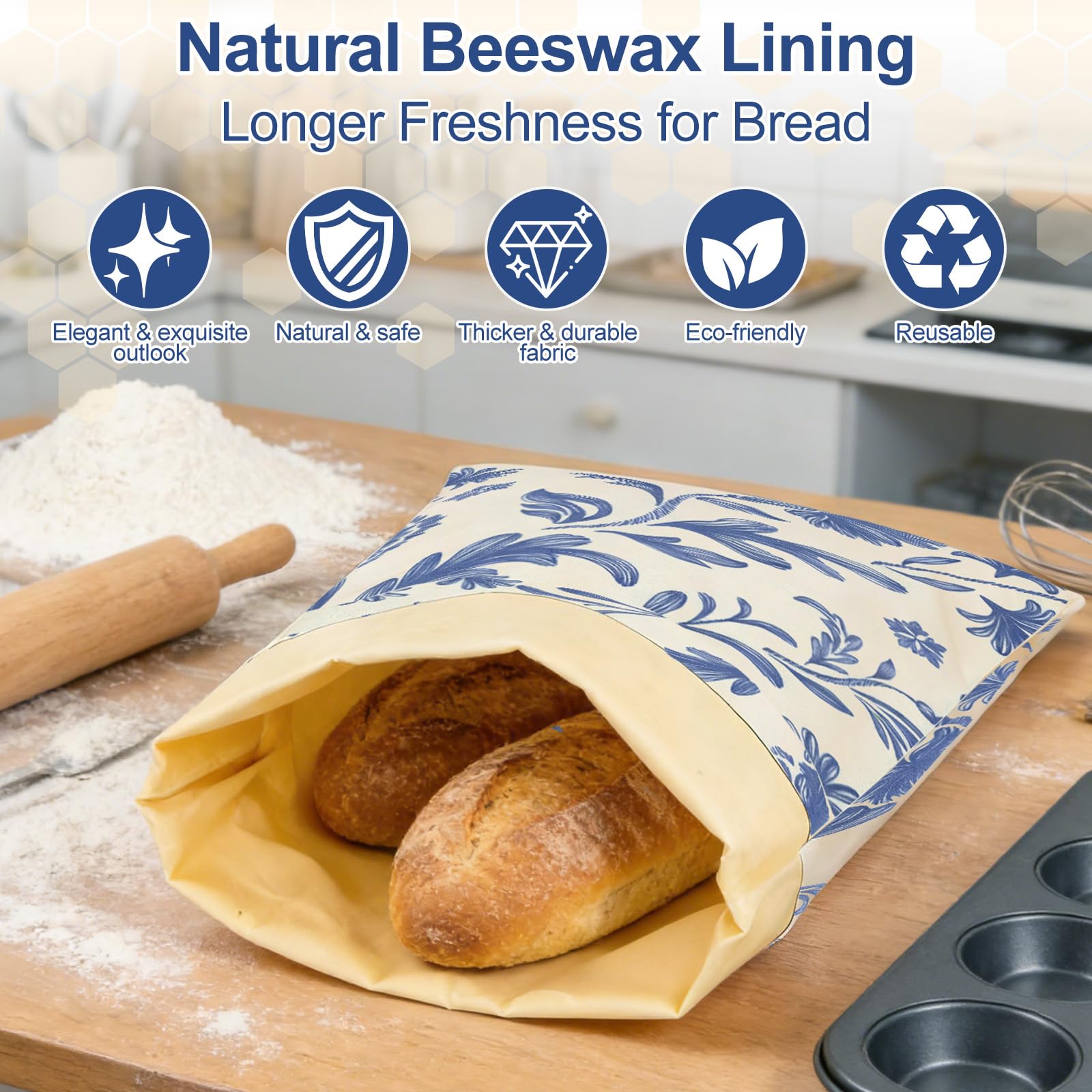 Yoikun Beeswax Bread Bags, 2 Pack Reusable Bread Bag Large – Natural Linen Cotton Food Storage Covers for Sourdough & Homemade Bread, Freezer Safe, Easy to Clean, Eco-Friendly Freshness Keeper