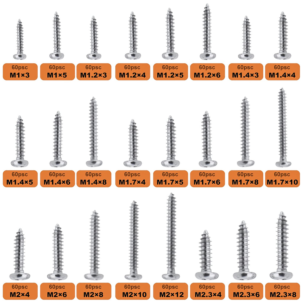Zmbroll 1440Pcs Mini Self Tapping Screws - Phillip Pan Head Micro Electronic M1 M1.2 M1.4 M1.7 M2 M2.3 Silver 24 Size Assortment Kit