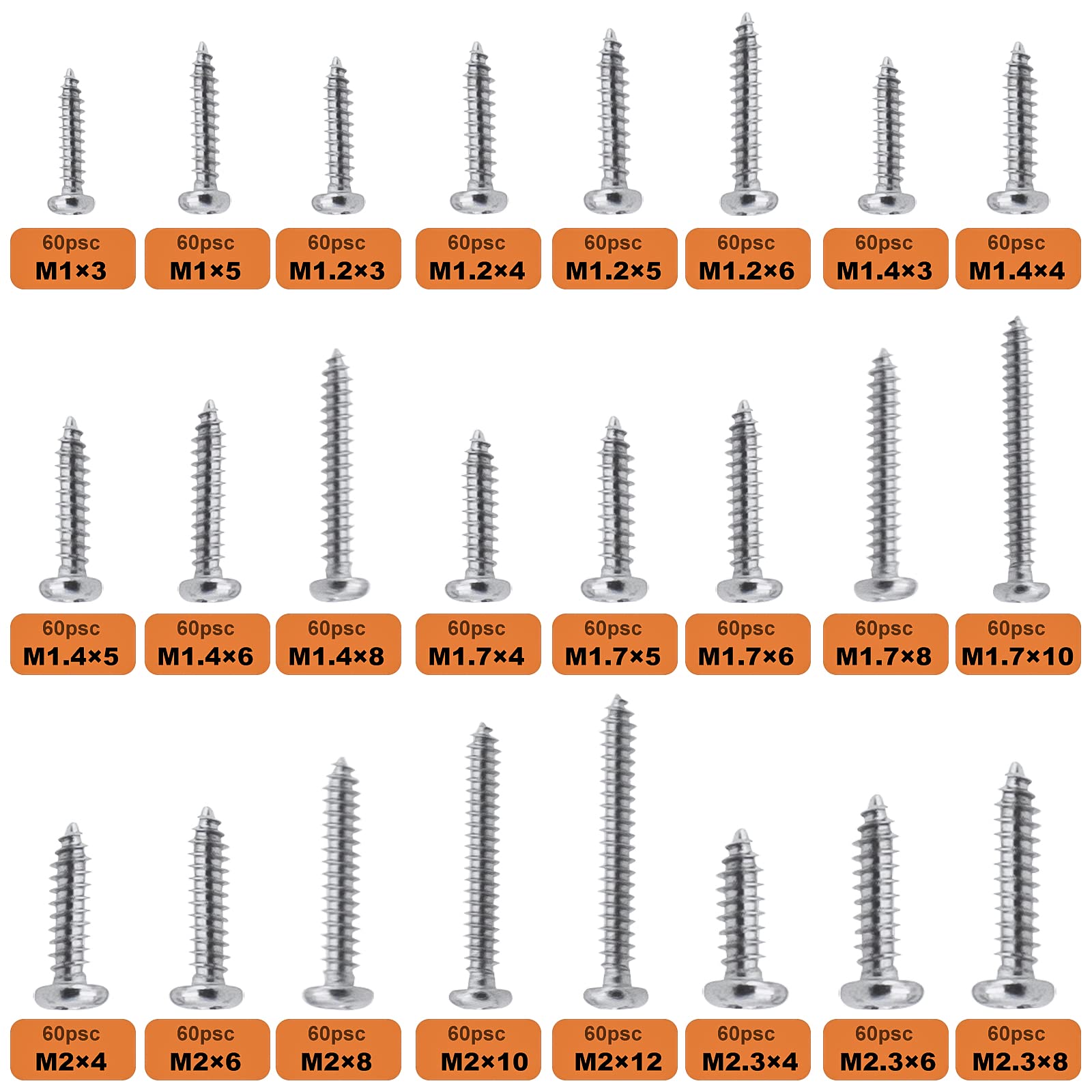 Zmbroll 1440Pcs Mini Self Tapping Screws - Phillip Pan Head Micro Electronic M1 M1.2 M1.4 M1.7 M2 M2.3 Silver 24 Size Assortment Kit
