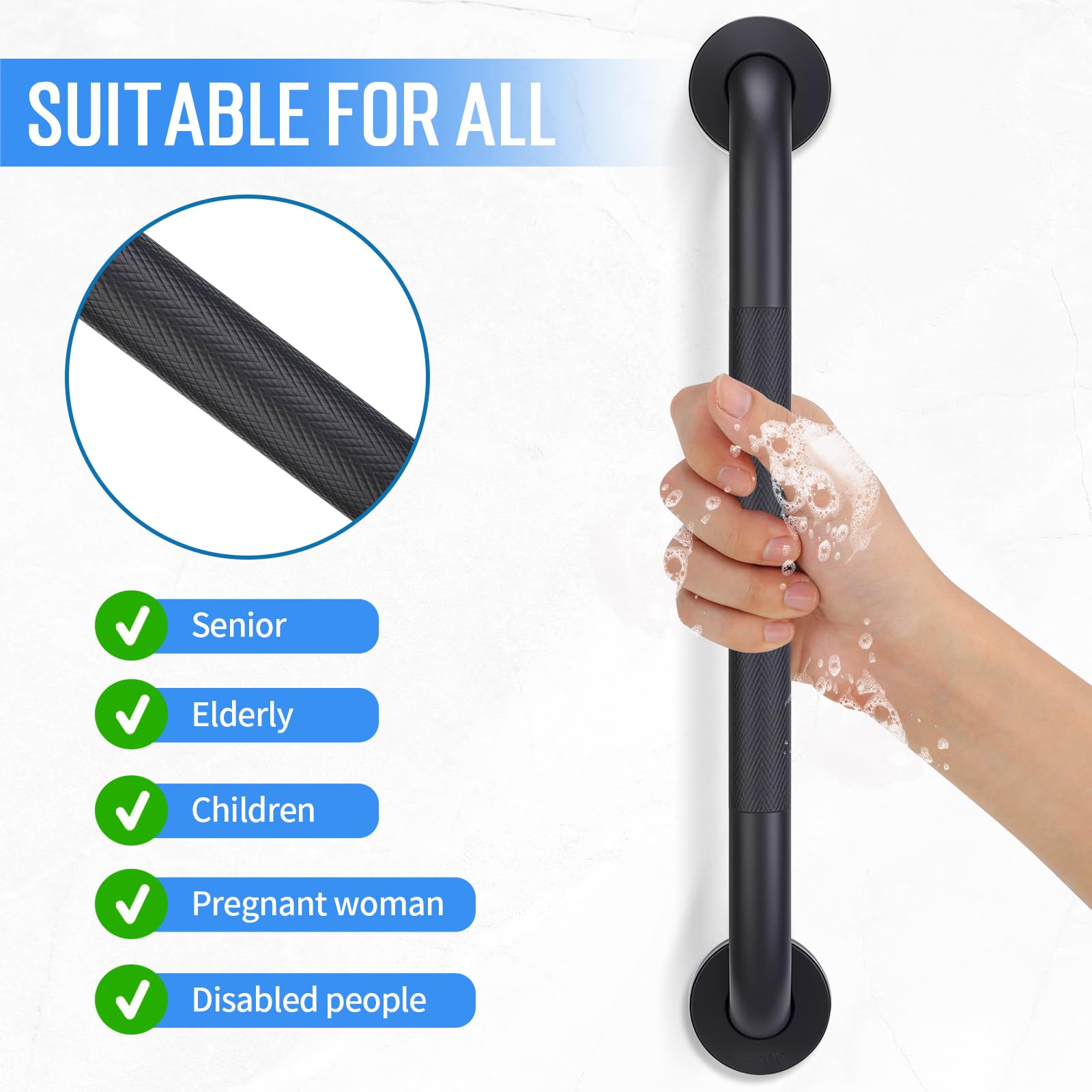 2 Pack 16 Inch Shower Grab Bars for Seniors Bathroom, Black Stainless Steel Safety Support Handles for Shower, Anti Slip Grab Bar for Bathroom, Handicap Elderly Injury Pregnant Assist Bath Handle