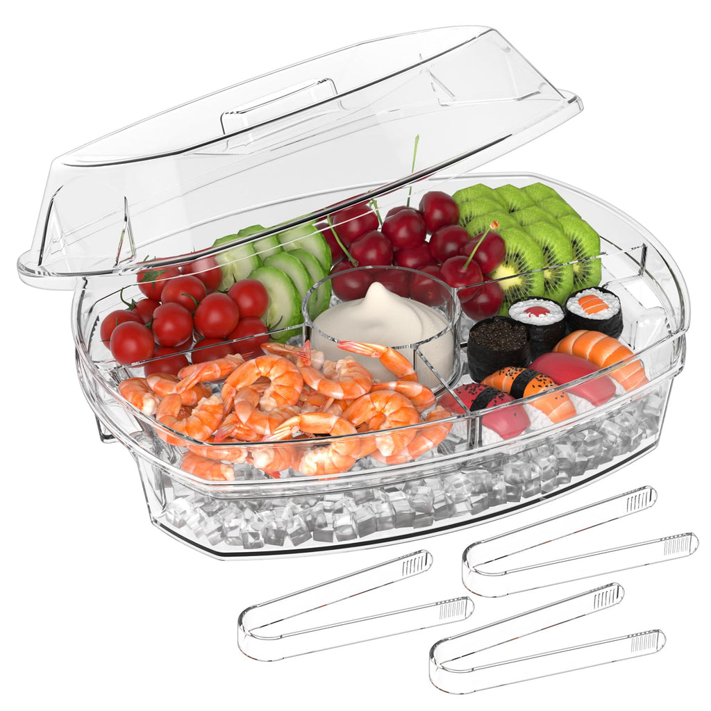 Tangyinus Ice Chilled Party Platter - 15'' Divided Serving Tray with Lid and 4 Compartments, Clear Fruit Trays for Serving for Party, Ideal Cold Chilled Serving Trays for Parties, Shrimp Cocktail, Etc