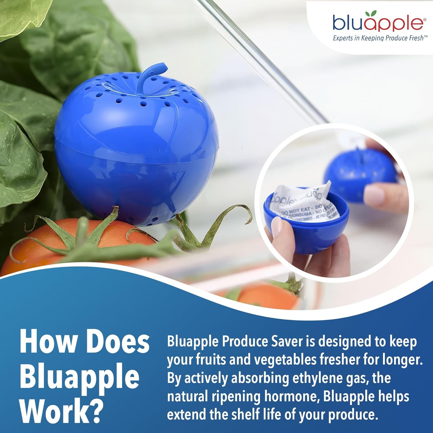 Bluapple Produce Saver 2-Pack - Keeps Fruits & Vegetables Fresh Longer in Refrigerator Crisper, Shelves, and Fruit Bowls, Lasts up to 3 Months, Ethylene Gas Absorber, BPA Free