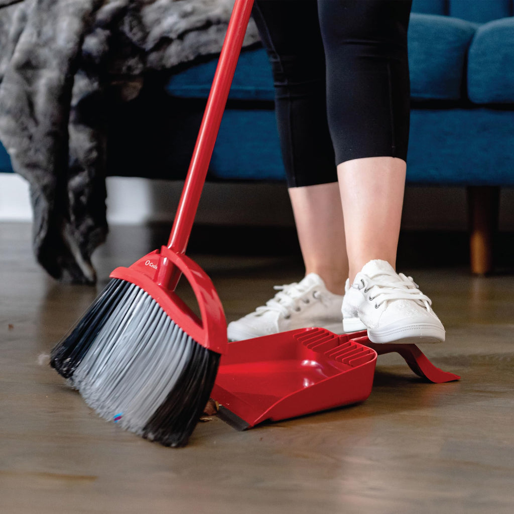O-Cedar Pet Pro Broom & Step-On Dustpan PowerCorner, Red