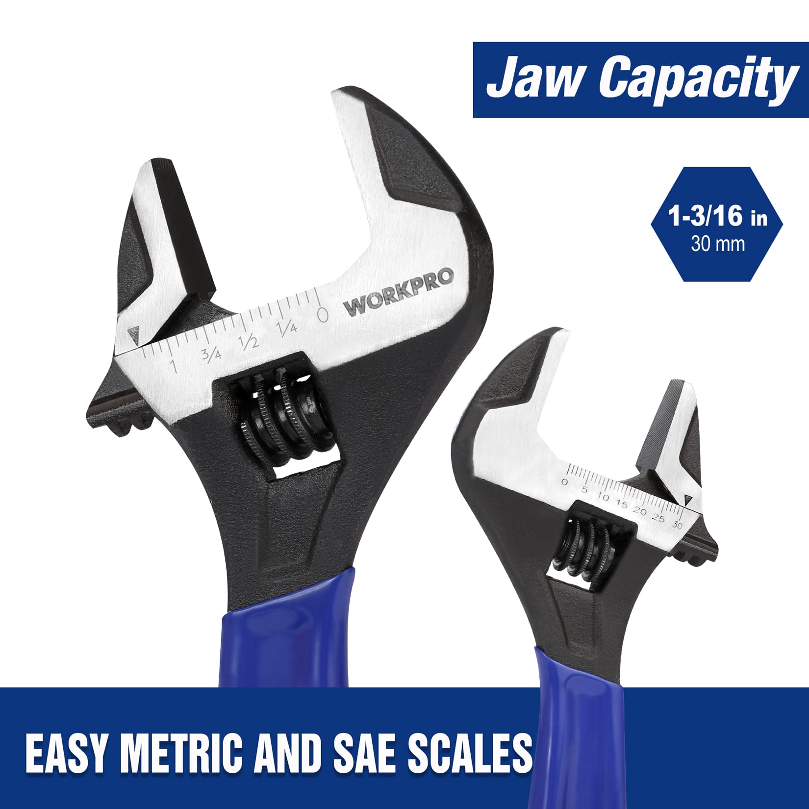 WORKPRO 8-Inch Adjustable Wrench, Cr-V Steel Wrench, Wide Jaw Black Oxide Wrench, Metric & SAE Scales, for Home, Garage, Workshop and DIY - Blue