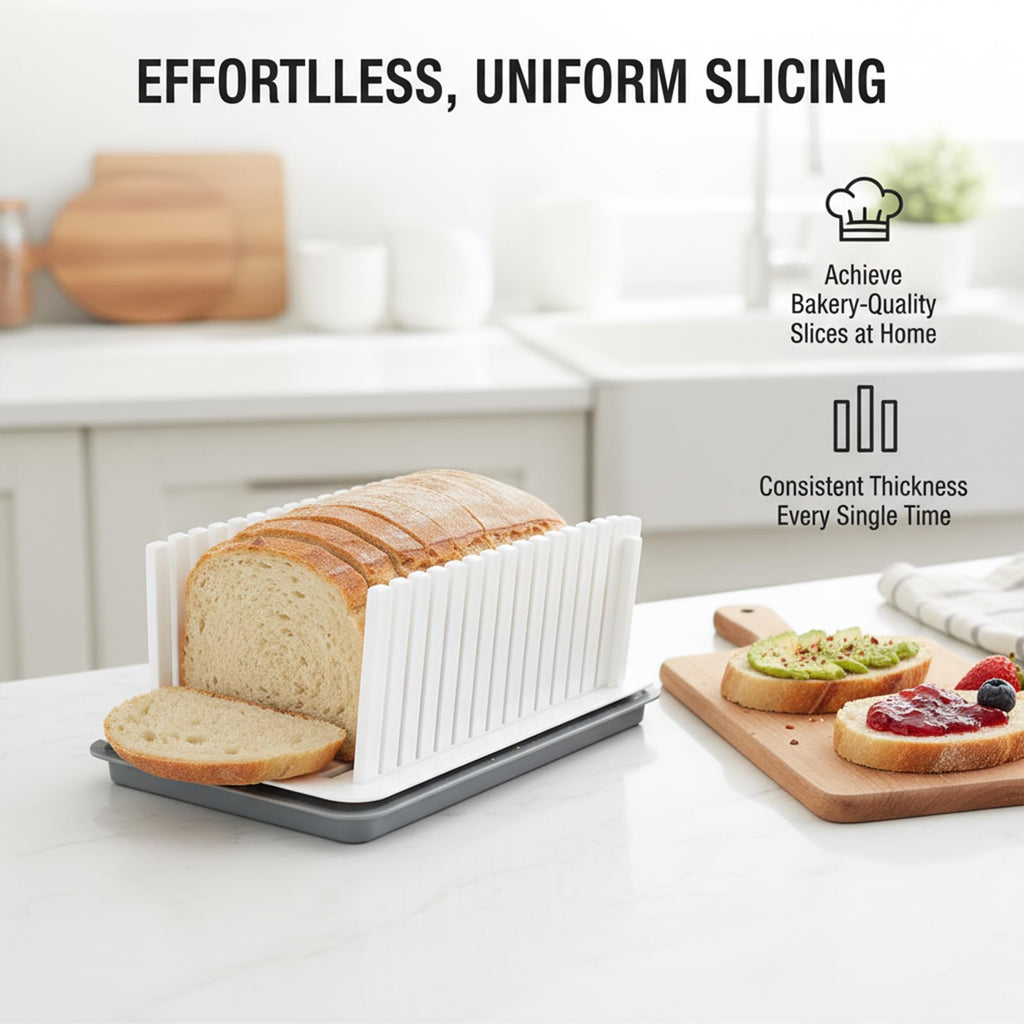 New Upgrade Bread Slicer for Homemade Bread, Adjustable Width, Foldable and Compact Cutting Guide with Crumb Tray, Suitability for Homemade Bread, Bagels, Cakes