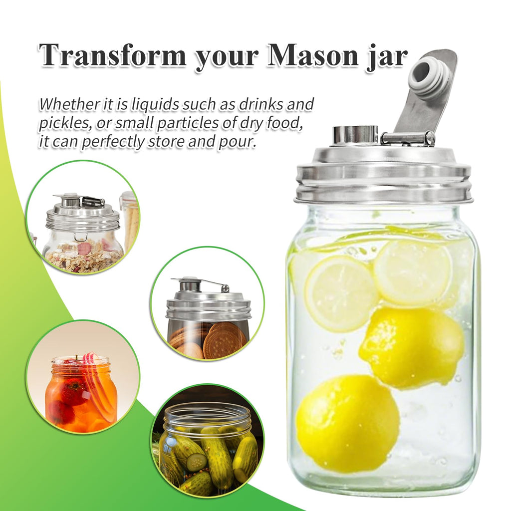 2PCS Mason Jar Pour Spout Lid Stainless Steel,Wide Mouth Pour Spout Flip Cap Lids for Mason Jars, Reusable Mason Jars Lid,Leak Proof Seal, for Drinking Salad Dressing & Food