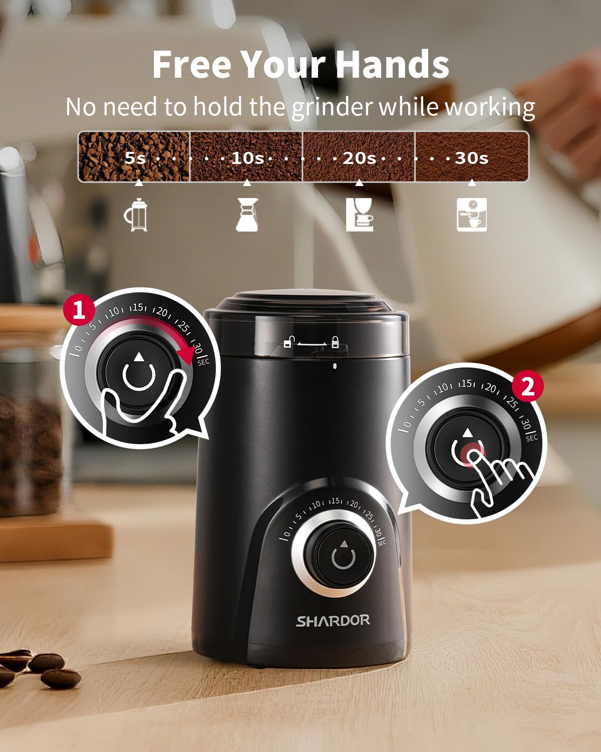 SHARDOR Super Silent Blade Coffee Grinder Electric, Timed Grind Control Rotary Knob, Adjustable Coarse to Fine for Coffee Beans, Spices & Herbs, Black