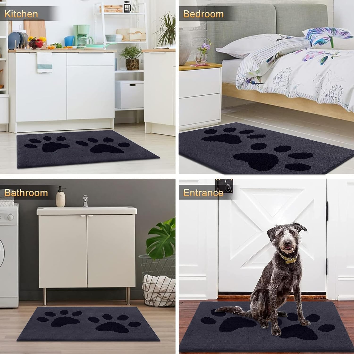 Arotive Indoor Door Mat, 20" x 30" Absorbent Dirt Resist Washable Front Back Door Mat, Non-Slip Low-Profile Dog Paws Entrance Doormat, Durable Inside Floor Mats for Entryway, Dark Grey and Black