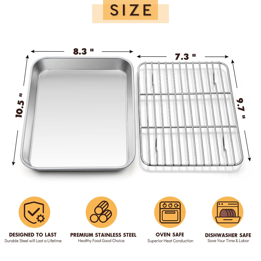 Small Stainless Steel Baking Sheet with Rack Set, E-far 10.5”x8.3” Cookie Sheet Broiling Pan for Toaster Oven, Rimmed Metal Tray with Wire Rack for Cooking/Baking/Cooling/Bacon - Dishwasher Safe