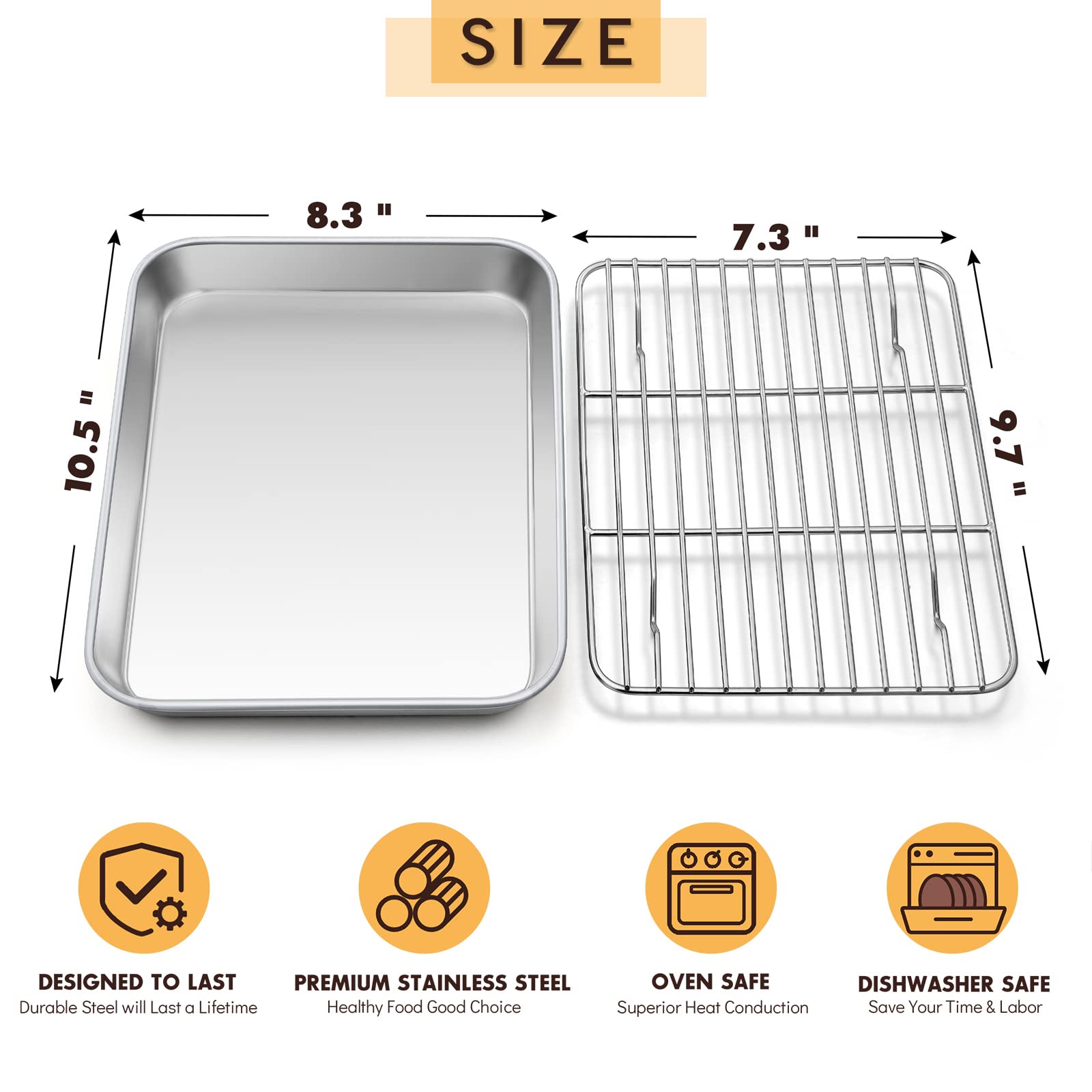 Small Stainless Steel Baking Sheet with Rack Set, E-far 10.5”x8.3” Cookie Sheet Broiling Pan for Toaster Oven, Rimmed Metal Tray with Wire Rack for Cooking/Baking/Cooling/Bacon - Dishwasher Safe