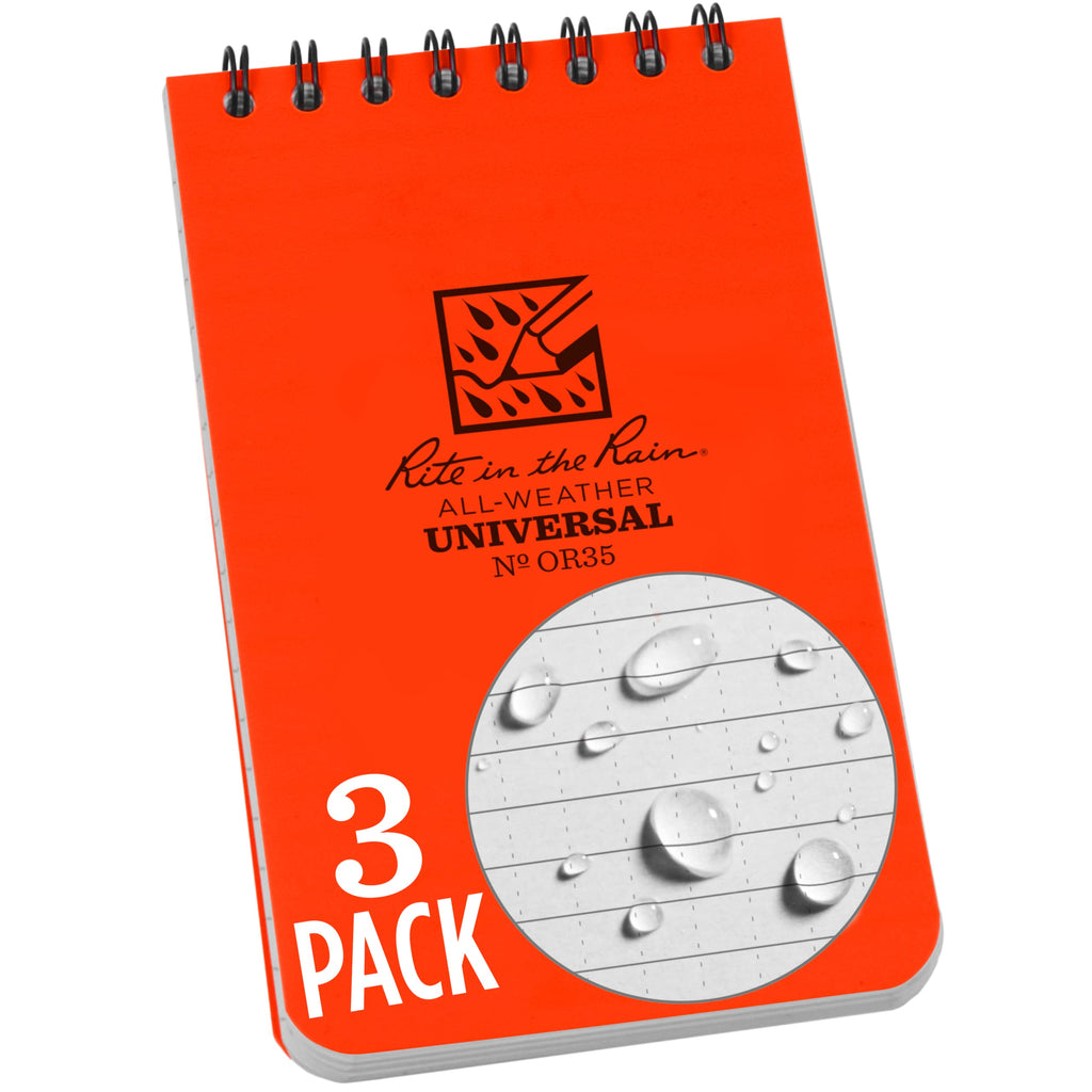 Rite in the Rain Weatherproof Top Spiral Notebook, 3" x 5", Orange Cover, Universal Pattern, 3 Pack (No. OR35-3X)