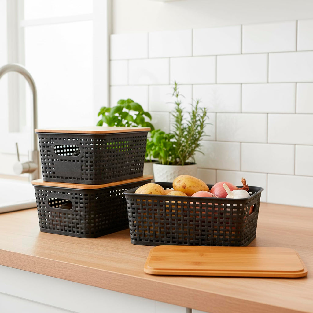 Dewsea Onion and Potato Storage Bins Set, Vegetable Storage Basket, 3 Pack Pantry Storage with Bamboo Lids & Handles for Produce, Fruit, Bread and Snacks