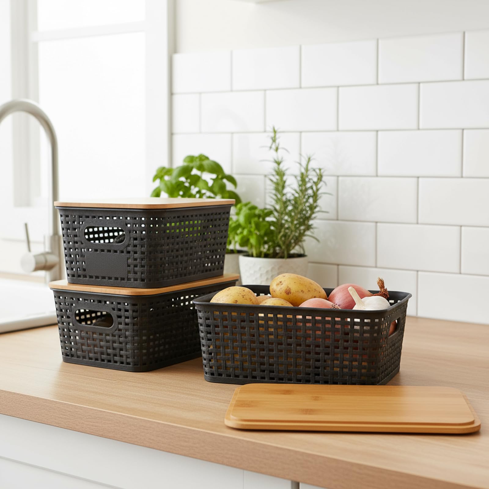 Dewsea Onion and Potato Storage Bins Set, Vegetable Storage Basket, 3 Pack Pantry Storage with Bamboo Lids & Handles for Produce, Fruit, Bread and Snacks