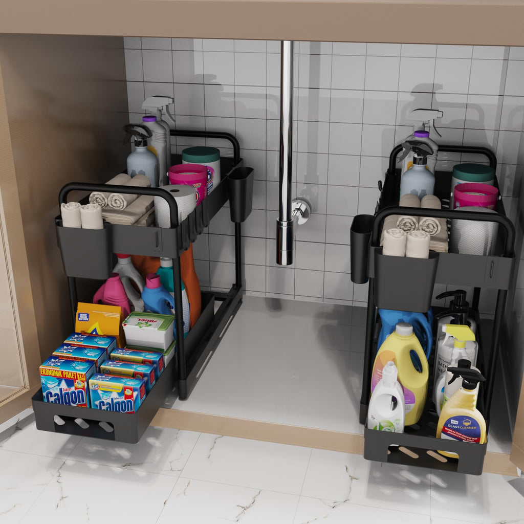 2 Pack Under Sink Organizer for Efficiently Utilizing Space, 2 Tier Bathroom Cabinet Organizers and Storage, Multi-purpose Kitchen Organizer and Storage with Hooks and Cups(Black)