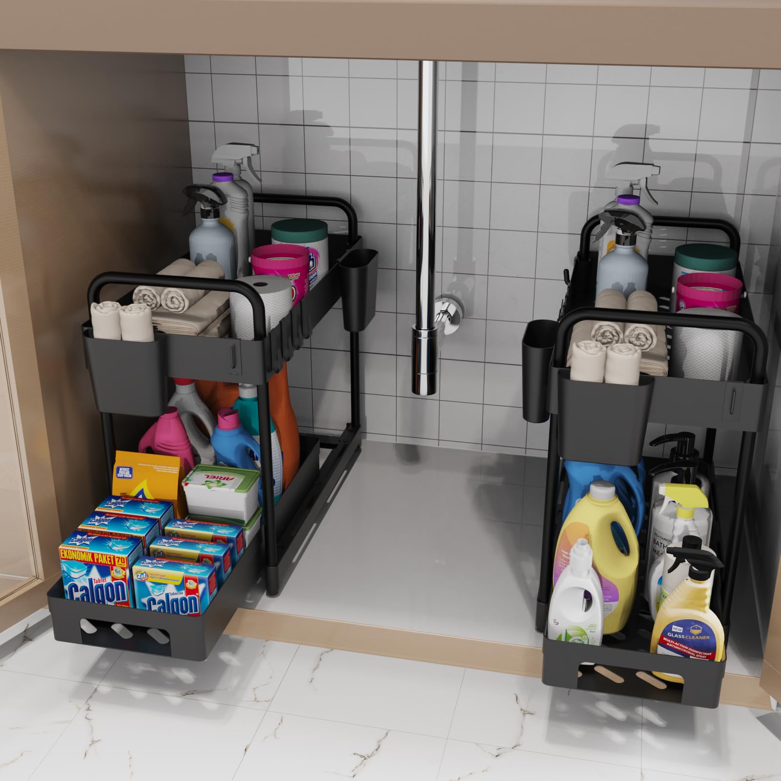 2 Pack Under Sink Organizer for Efficiently Utilizing Space, 2 Tier Bathroom Cabinet Organizers and Storage, Multi-purpose Kitchen Organizer and Storage with Hooks and Cups(Black)