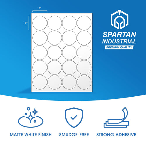 2" Circle Printable Labels Compatible with Inkjet and Laser Printers - 100 Sheets, 2000 Matte White Round Stickers for Product Labeling, Packaging, Organization - Spartan Industrial Template C004