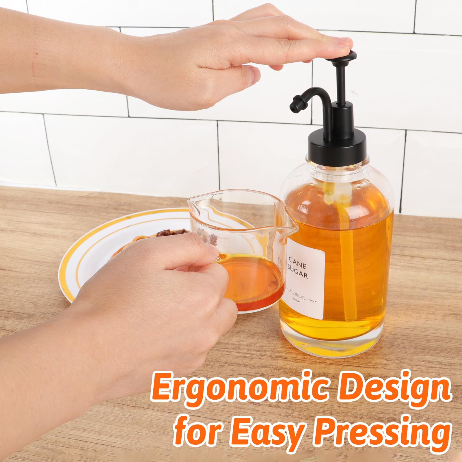Coffee Syrup Bottles 16.9 oz - Round Glass Bottles 2 Pack with Black Pump Dispenser for Coffee Bar and Kitchen - including 36 Labels and 1 Folding Funnel
