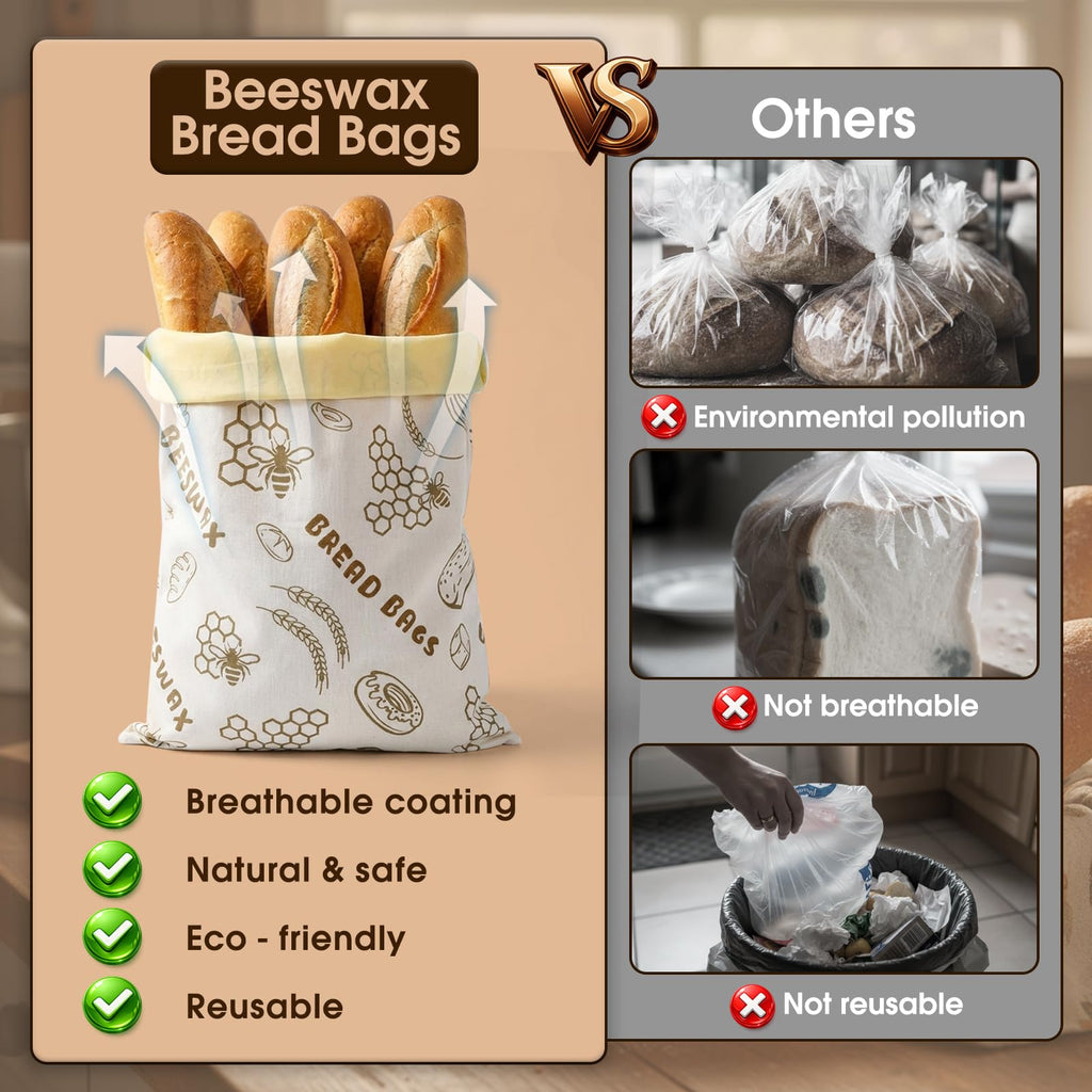 VrEnduuo 2 Pack Reusable Bread Bag, Beeswax Bread Bags for Homemade Sourdough Bread,Easy to Clean Cotton Food Storage Cloth Bag,Freezer-Friendly Keeps Fresh Longer XL 17"×12" (Honeycomb Design)