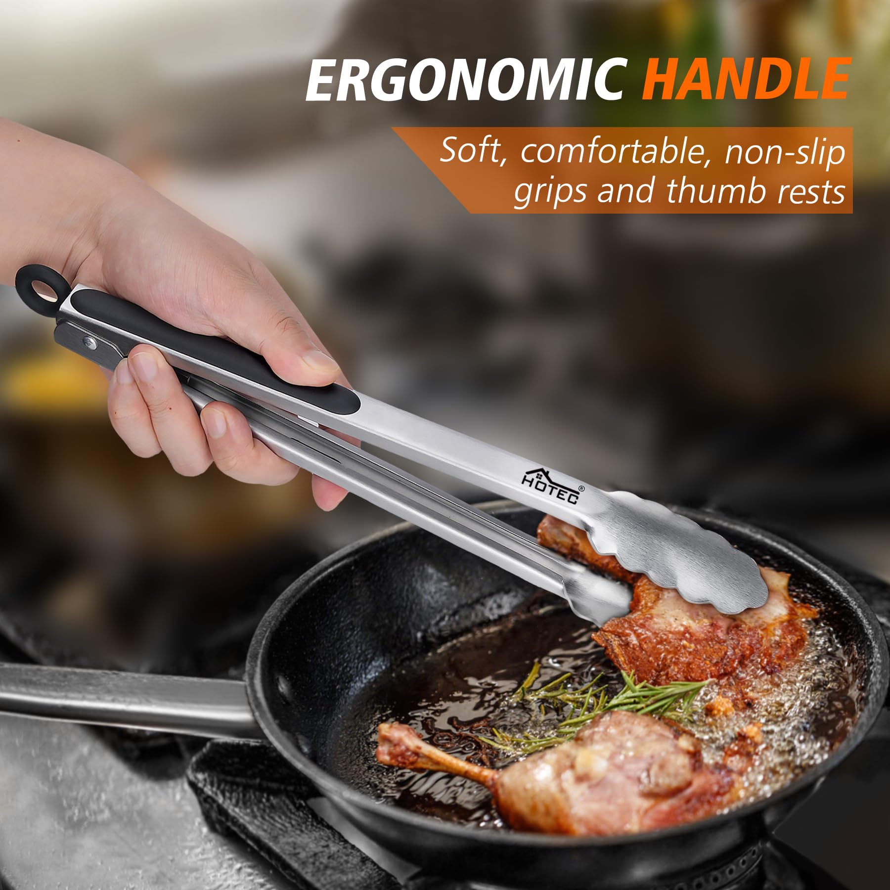 Hotec Stainless Steel Kitchen Tongs Set of 2-9" and 12", Locking Metal Food Tongs Non-Slip Grip