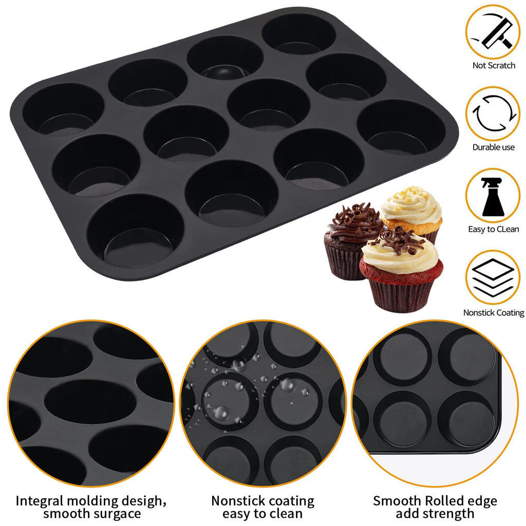 Bongpuda Silicone Muffin Pan,2 Pack 2.8" 12 Cups Silicone Egg Bites Pan,Non-Stick,Easy to Release,BPA Free,for Egg Muffins,Cupcakes, Tarts, Breads (Black + Red)