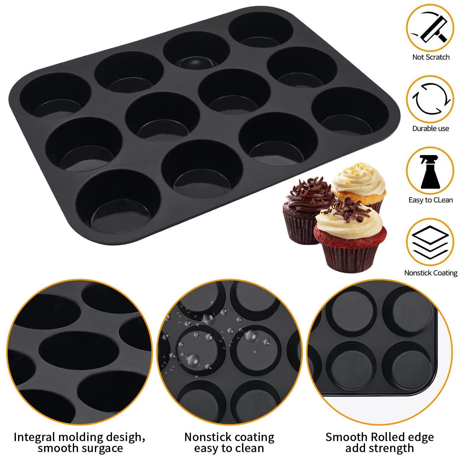 Bongpuda Silicone Muffin Pan,2 Pack 2.8" 12 Cups Silicone Egg Bites Pan,Non-Stick,Easy to Release,BPA Free,for Egg Muffins,Cupcakes, Tarts, Breads (Black + Red)