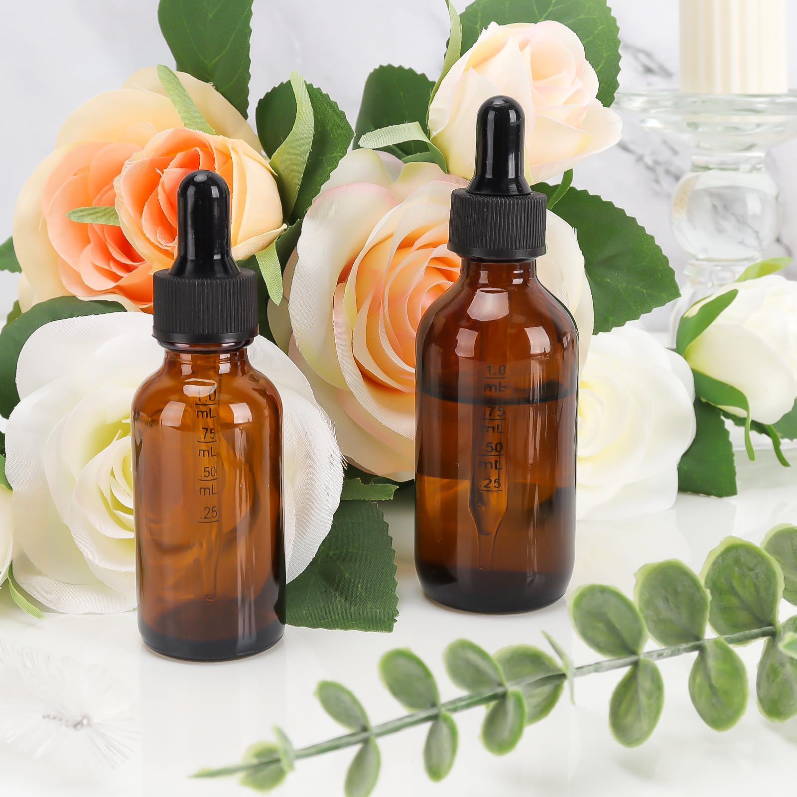 24 Pack 2 oz Glass Dropper Bottles with Measured Dropper - 60 ml Dark Amber Tincture Bottles for Essential Oils, Perfumes, Aromatherapy, Chemistry Lab Chemicals