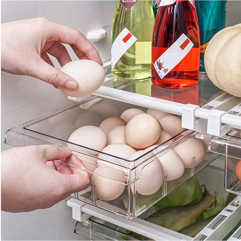 2 Pack Refrigerator Organizer Bins,Pull-Out Fridge Storage Drawer Design,Freely Pullable Refrigerator Storage Box with 4 Divided Sections,Fit for Fridge Shelf Under 0.6"