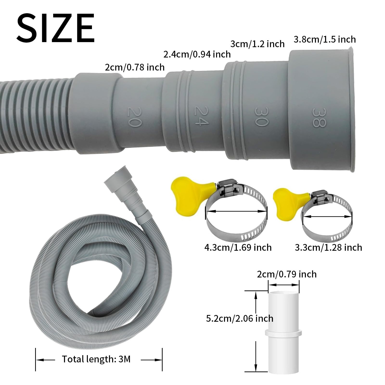 Universal Washing Machine Drain Hose, 10 Feet Flexible Washing Machine Drain Hose, Washer Drain Hose, Portable Discharge Washer Hoses with 1 Extension Adapter and 2 Hose Clamps, 1 U-Bend Hose Holder