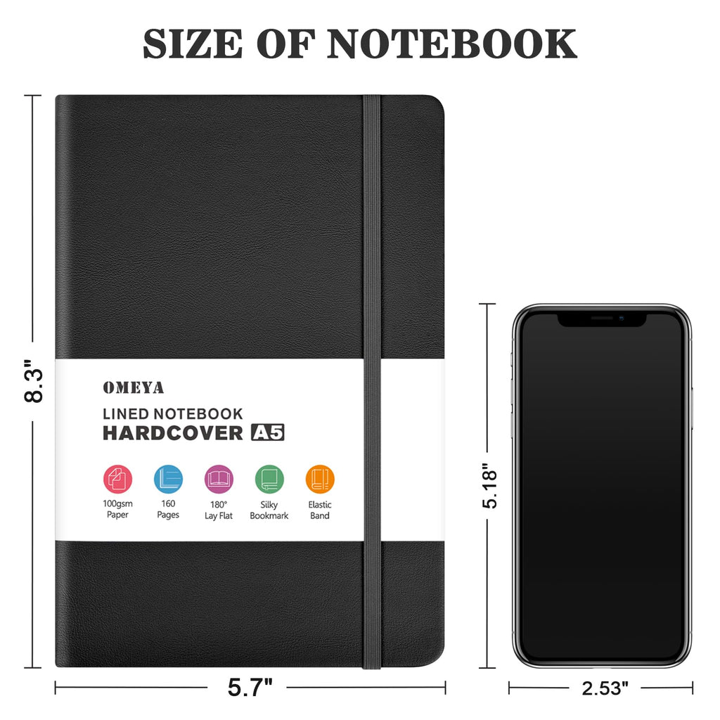OMEYA 4 Pack Lined Journal Notebooks for Work, 100gsm Thick Paper, 5.7"x 8.3", A5 College Ruled Black Notebook Bulk, Leather Journal for Writing, Hardcover Notebooks for School, Office, Journal for Men