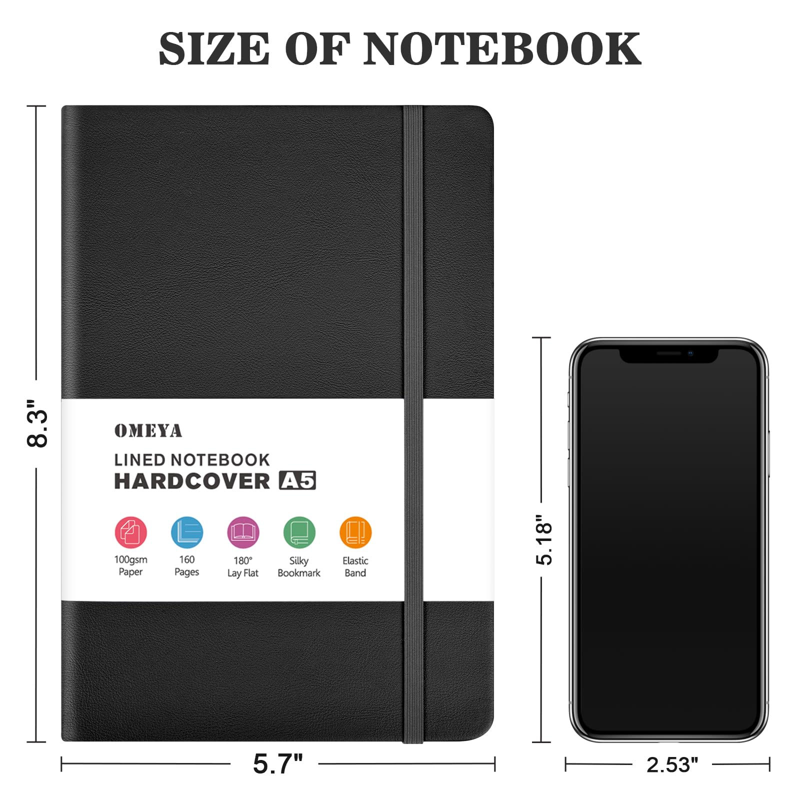 OMEYA 4 Pack Lined Journal Notebooks for Work, 100gsm Thick Paper, 5.7"x 8.3", A5 College Ruled Black Notebook Bulk, Leather Journal for Writing, Hardcover Notebooks for School, Office, Journal for Men