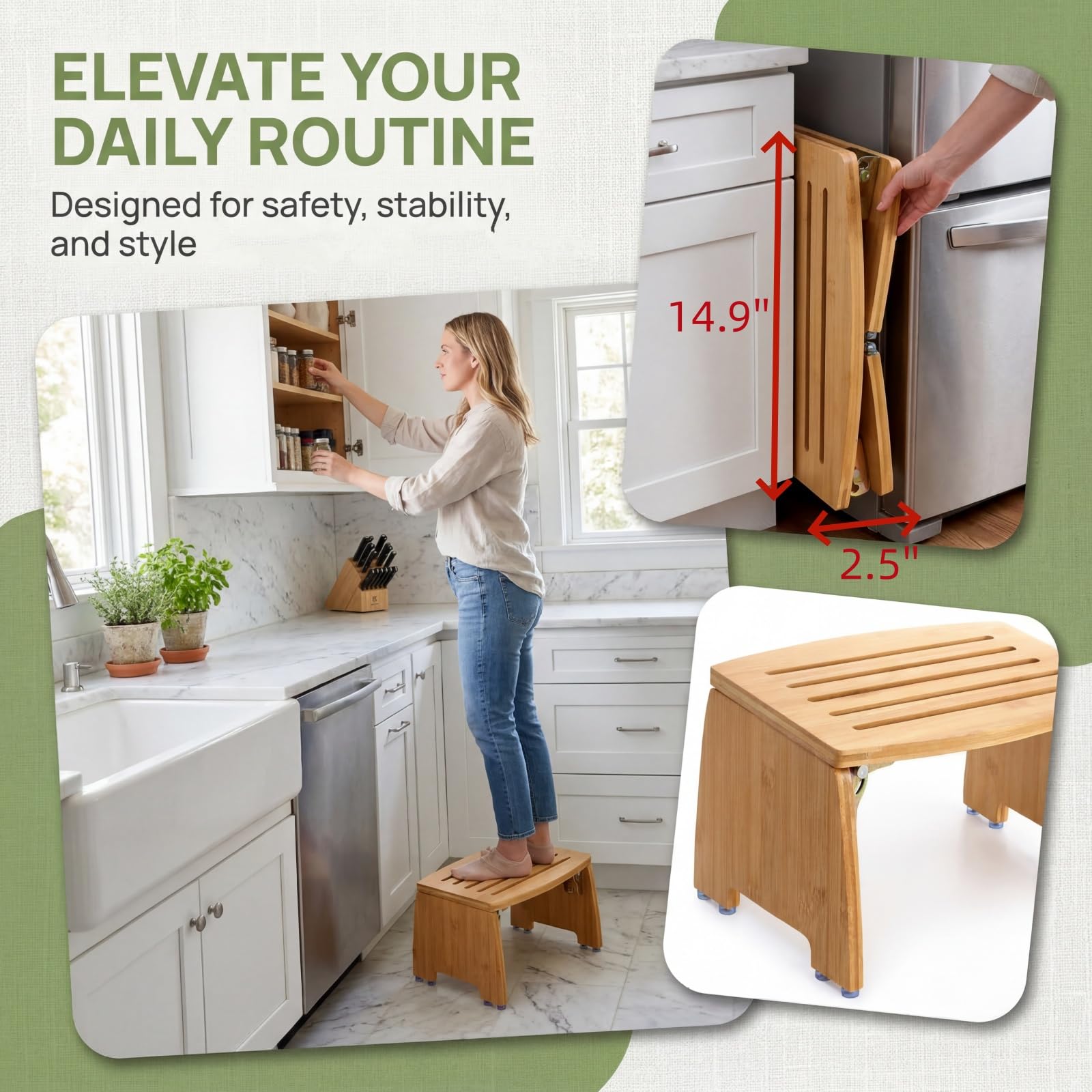 Lyellfe Bamboo Folding Step Stool, Non-Slip Leg Shaving Foot Rest Chair, Foldable One Step Stool for Home, Adults, Support up to 300lbs, Fully Assembled