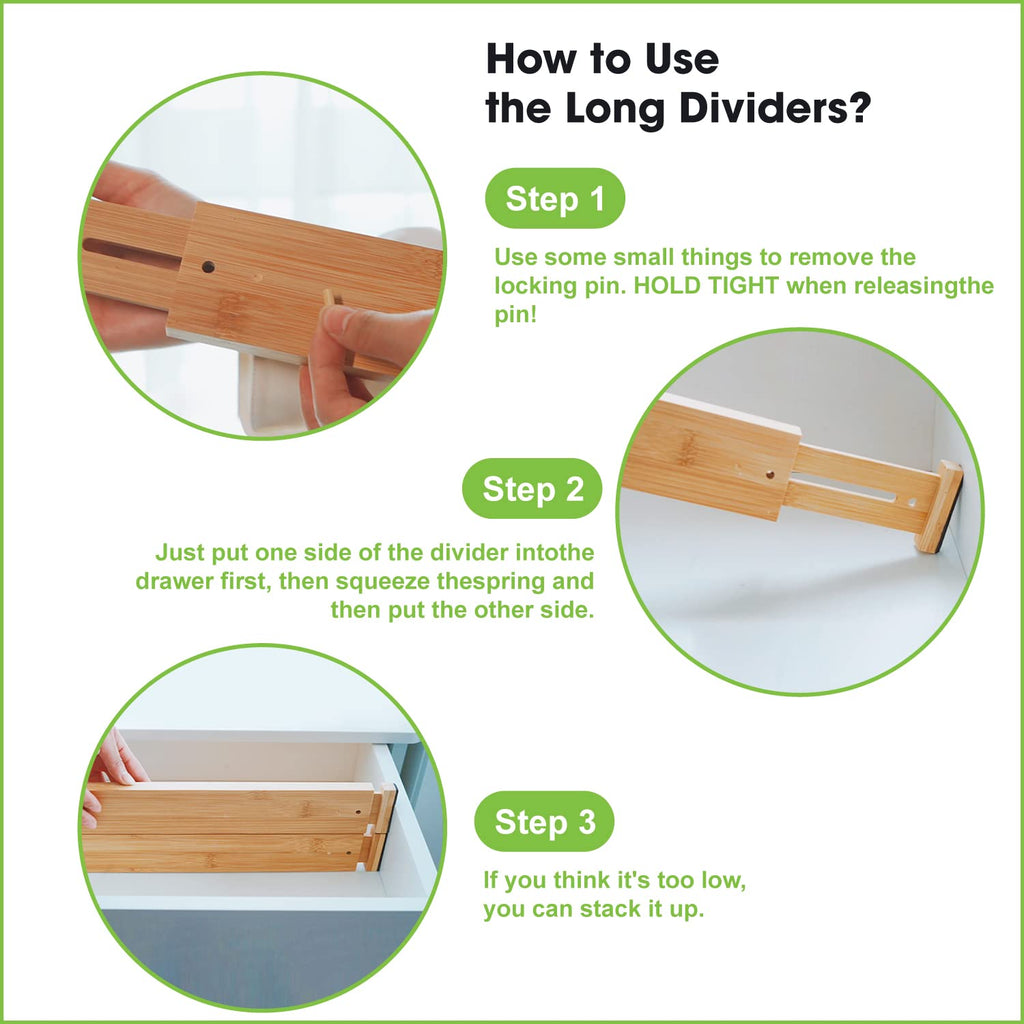 ANTOWIN Bamboo Drawer Dividers, Expandable Drawer Separators Splitter, 17-22 inches Adjustable Spring-loaded Organizer for Large Utensil, Clothes, Tools Drawers, 6 Pack Dividers + 4 Pack Baffle