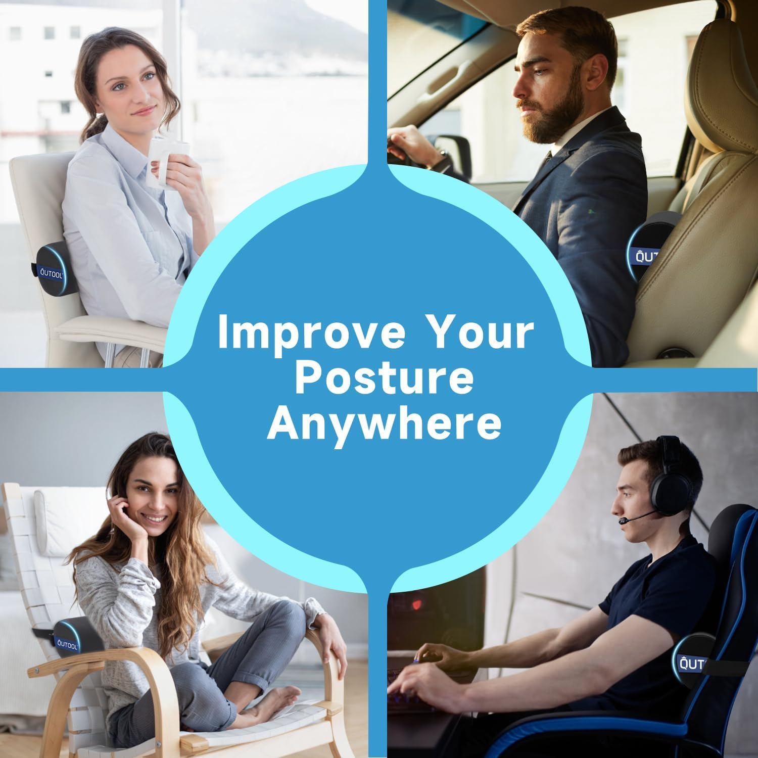 QUTOOL Lumbar Roll Support for Office Chair – Lower Back Support Cushion for Sitting, Anti-Slip Adjustable Strap, Firm Foam, Removable Washable Cover