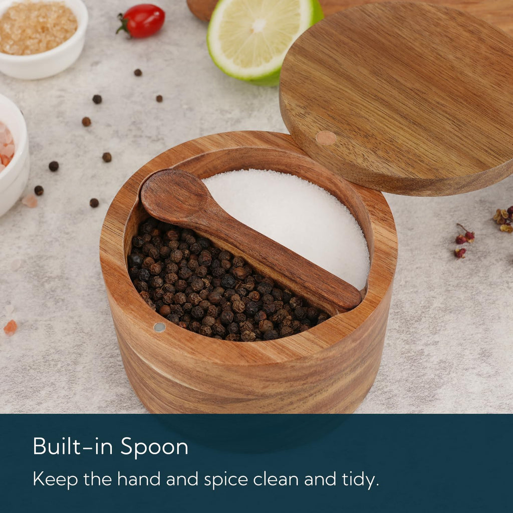 KITCHENDAO Salt and Pepper Bowl, Acacia Wood Salt Cellar with Magnetic Swivel Lid and Spoon, Spice Container with 2 Compartments for Storing Salt, Pepper, Spices, Dual 5OZ Capacity