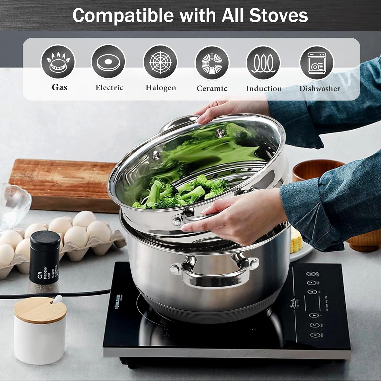 KroWallu 3.6L / 4QT Stock Pot with Steamer, Stainless Steel Pot Set Including Stock Pot, Steamer and Tempered Glass Lid, Stay Cool Handle, Work with Gas Electric Induction Stove, Dishwasher
