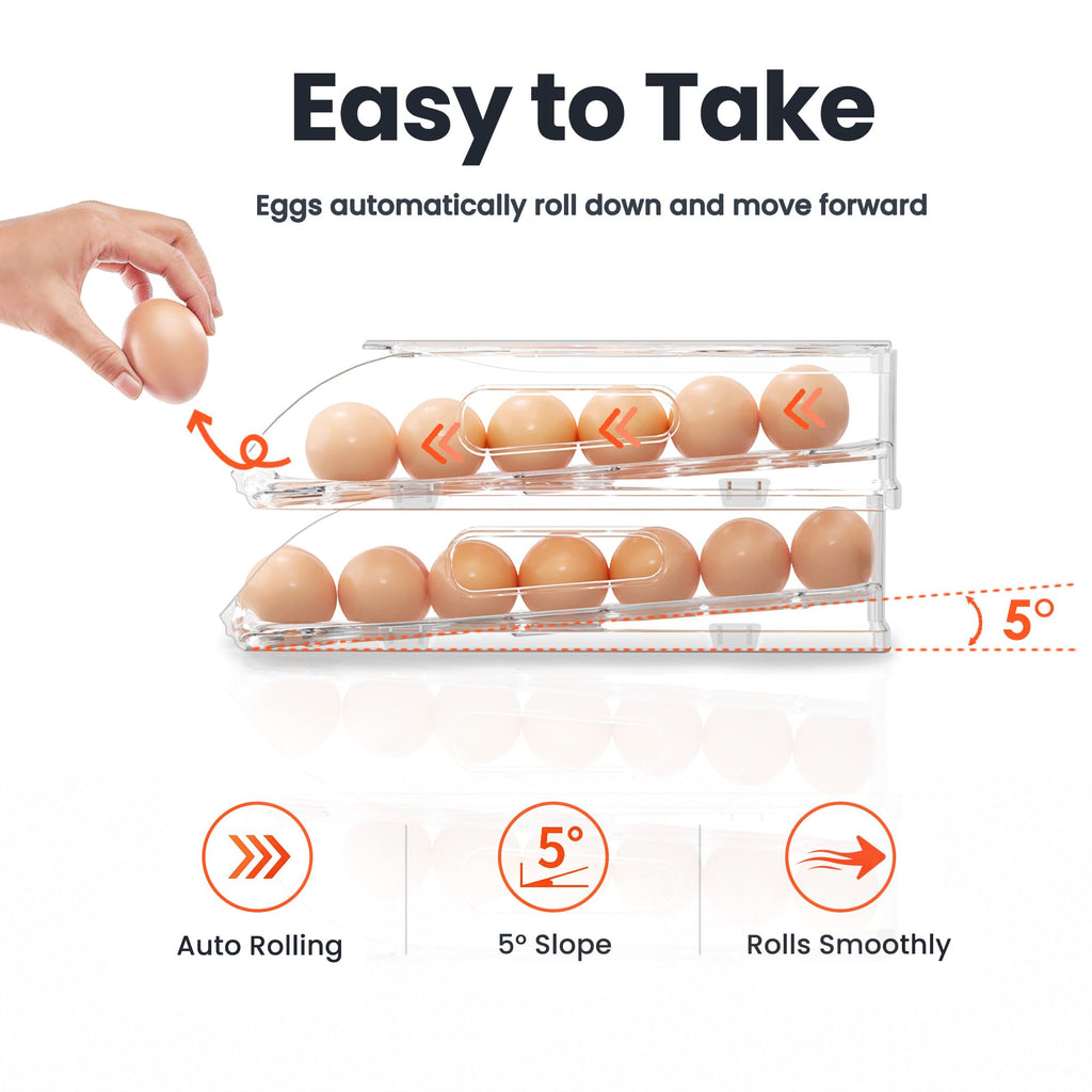 SMRCAD Egg Holder for Fridge, Automatic Stable Rolling Egg Dispenser with Handle & Silicone Pad for Refrigerator, Large Capacity Egg Organizer with Lid