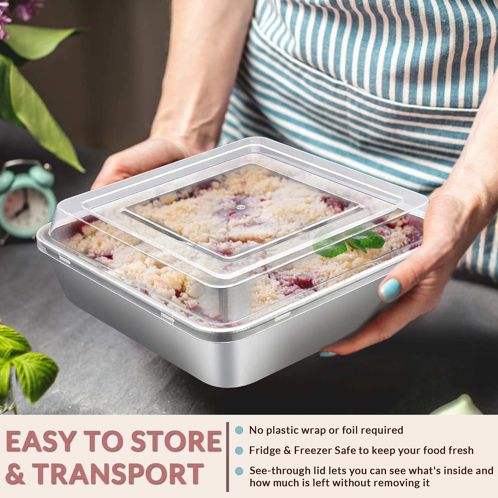 E-far 9 Inch Square Cake Pan with lid, 9x9 Baking Brownie Pans Stainless Steel Bakeware Set of 2, Non-Toxic & Healthy, Easy Clean & Dishwasher Safe - 4 Pieces(2 Pans + 2 Lids)