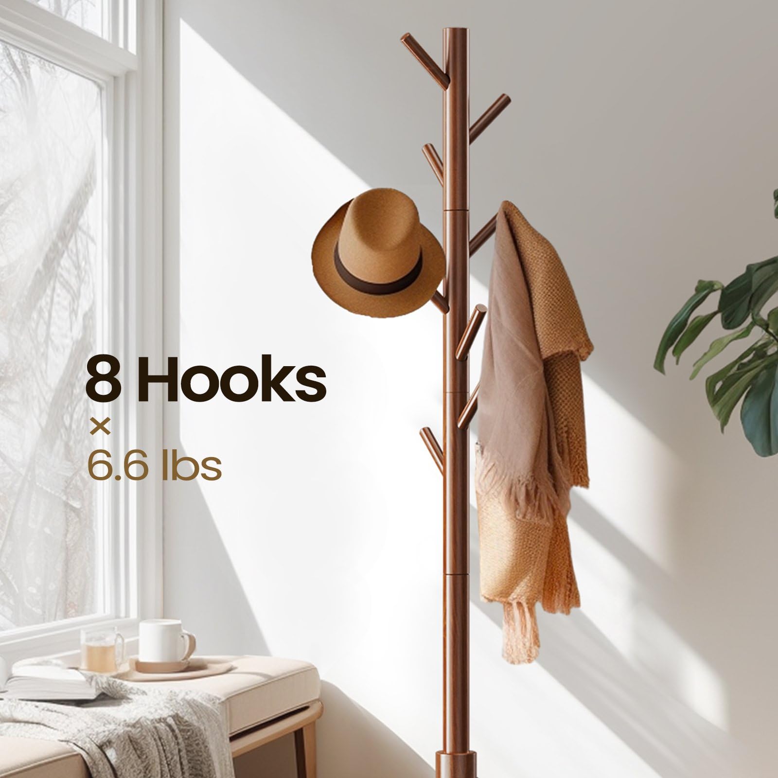 Livearty (TM) Wooden Coat Cloth Garment Hat Rack Stand, Adjustable Coat Tree, Free Standing Tree Hanger with 4 Sections & 8 Hooks for Home, Bedroom, Office, Hallway, Entryway, Apartment