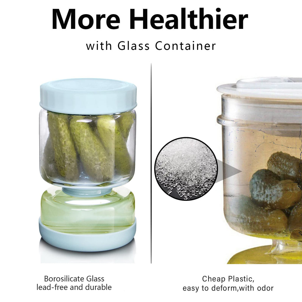 WhiteRhino Glass Pickle Container with Strainer,Olive Hourglass Jar,Pickle Jar Upside Down Kimchi for Jalapenos,Leakproof Airtight Lids and Refrigerator Dishwasher Safe (Blue/34oz)